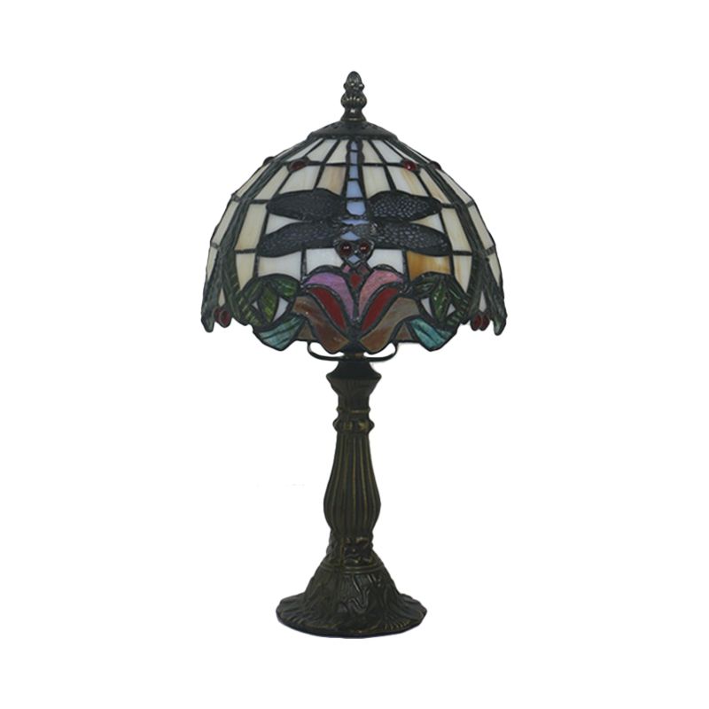 Lampada da tavolo in vetro colorato rosso/arancione con paralume a cupola, lampada da scrivania vittoriana a 1 luce con libellula e motivi floreali