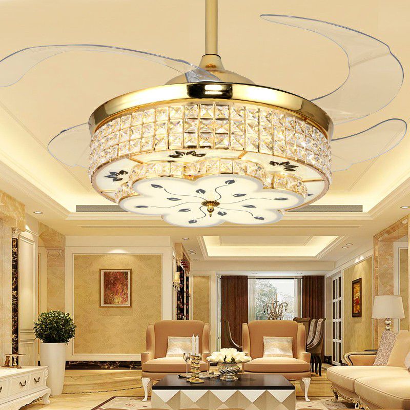 Crystal Floral Crystal Plafond Lampe à la lampe en or moderne Finition en or LED Semi Flush Light avec 4 lames transparentes
