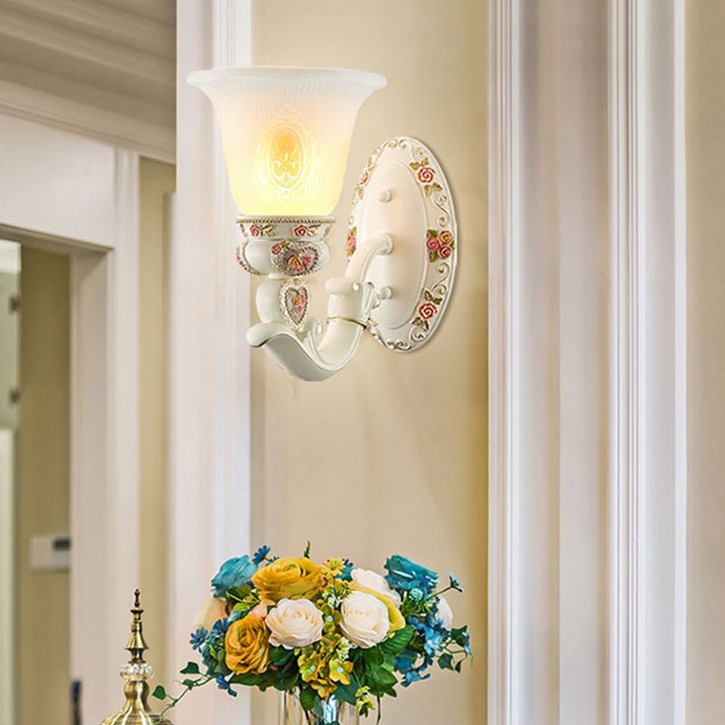 Conical Living Room Sconce Light Countryside Ribbed Milky Glass 1/2-Bulb White Wall Lighting Fixture with Floral Decor