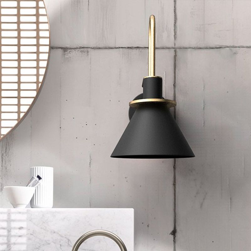 Black/White/Green Cone Wall Lamp Macaron 1-Light Metal Wall Mounted Light with Arched Arm for Bedroom, Warm/White Light