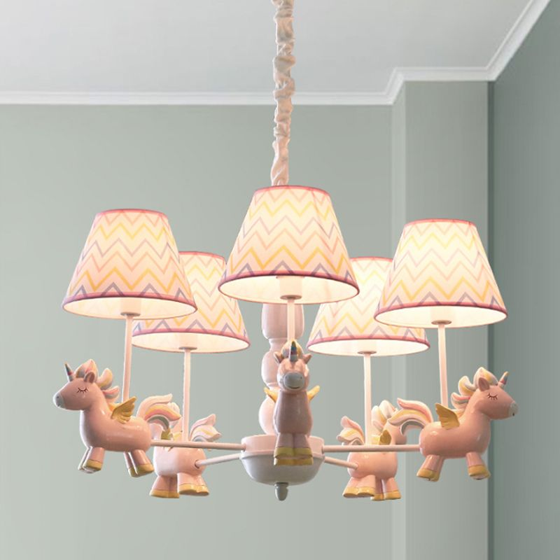 Tapered Shade Chandelier Kid Fabric 5 Bulbs Pink Pendant Light Fixture with Unicorn Figurine