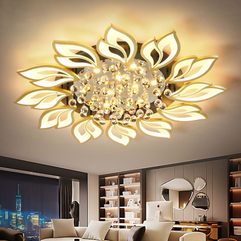 Gold Finish Flower Ceiling Lighting Contemporary LED Metal Semi Flush Mount with Crystal Ball