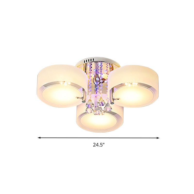 Drum Flush Mount Light Modern Frosted Glass 3/5/6 Heads White Ceiling Light with Crystal Drop