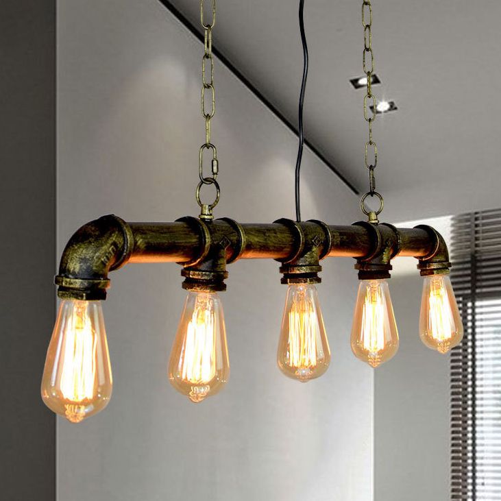 5 Lights Metal Tubular Island Pendant Lighting Retro Industrial Exposed Bulb Island Lamp