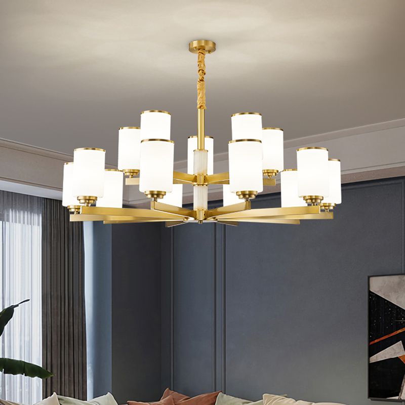 Modern Concise Pendant Light Metal Cylindrical Chandelier with Glass Shade