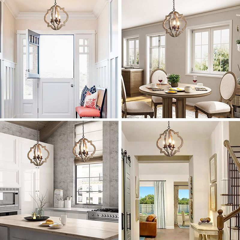 Iluminación colgante de jaula de madera araña de campo francesa para comedor