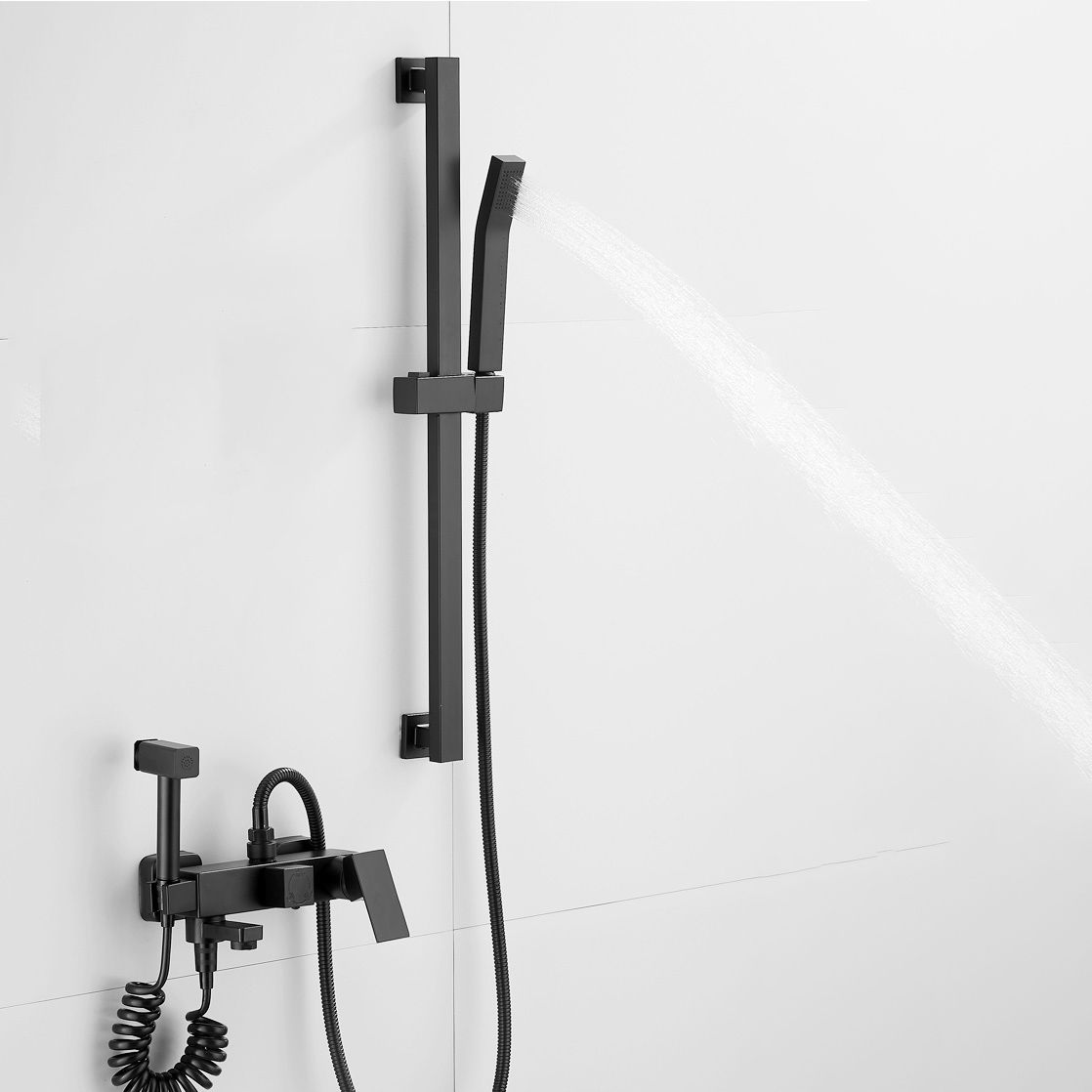 Black Wall Mounted Shower Head Combo Modern Metal Shower System