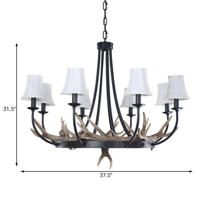 Bend Arm Metallic Hanging Chandelier Countryside 8-Bulb Kitchen Suspension Lamp in Black with Cone White Fabric Shade