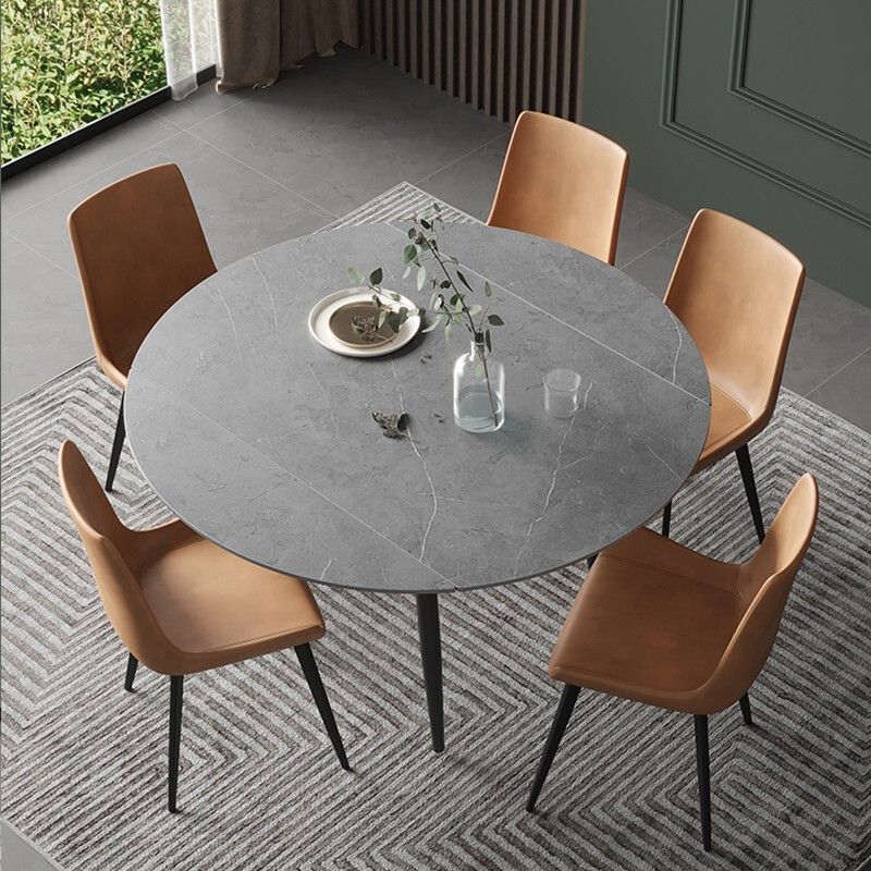 Extendable Round Dining Table Modern Sintered Stone Top Table with 4 Legs