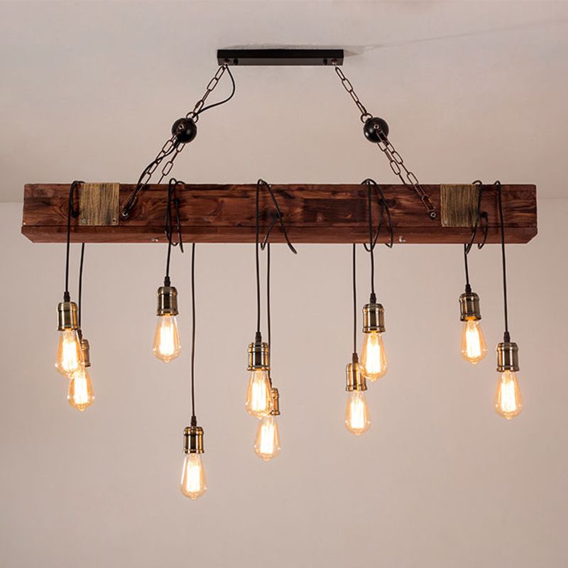 Black Island Light Fixture Industrial Style Wood Linear Pendant Light for Restaurant