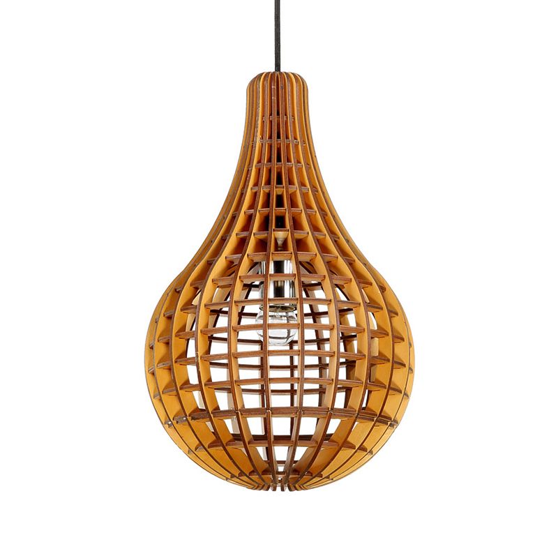 Gridded Raindrop Cage Pendant Lighting Minimalist Wooden 1-Light Brown Suspension Light