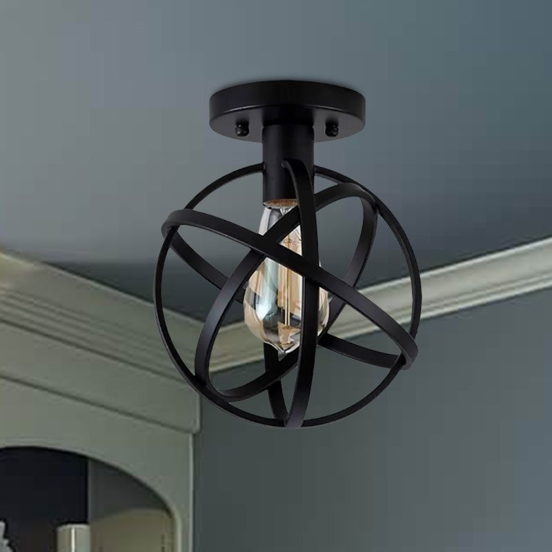 Plafonnier rétro élégant en cage orb, 1 ampoule, suspension semi-encastrée métallique en noir pour balcon
