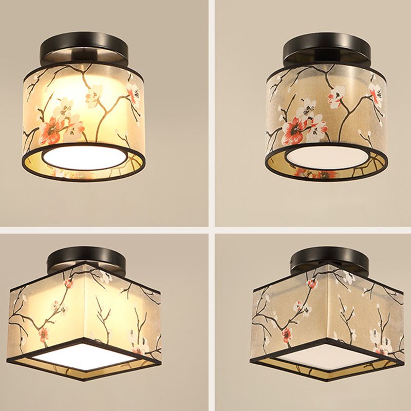 Black 1 Light Ceiling Lighting Chinese Style Fabric Design Semi Flush Mount Lighting for Living Room