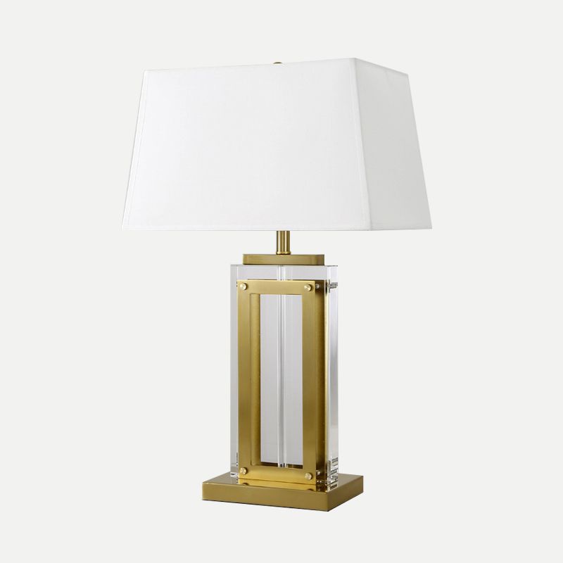 Lámpara de mesa de noche modernista rectangular de tela con cristal transparente y 1 bombilla en dorado