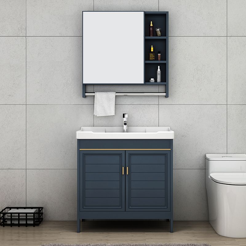 Blue Bath Vanity Single Sink Freestanding Metal Frame Mirror Vanity with Soft Close Doors