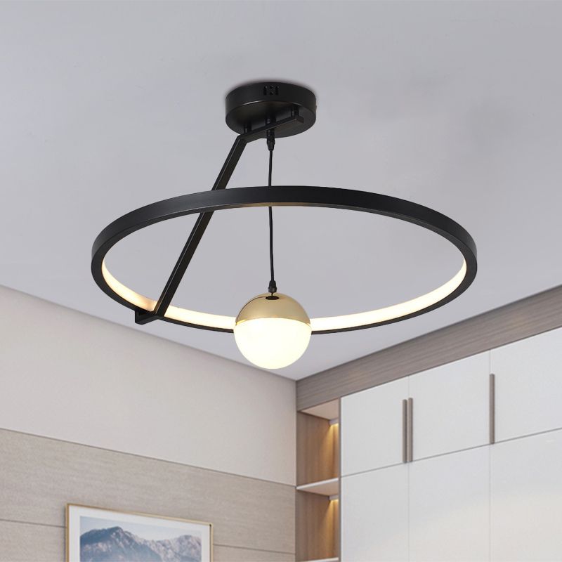 Simple Ring Semi Flush Ceiling Light Acrylic LED Bedroom Flushmount Lamp in Black