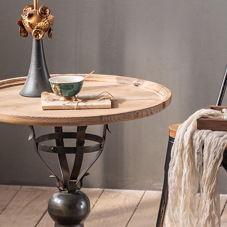 French Country Round Wood Top Side Table Iron Pedestal End Table
