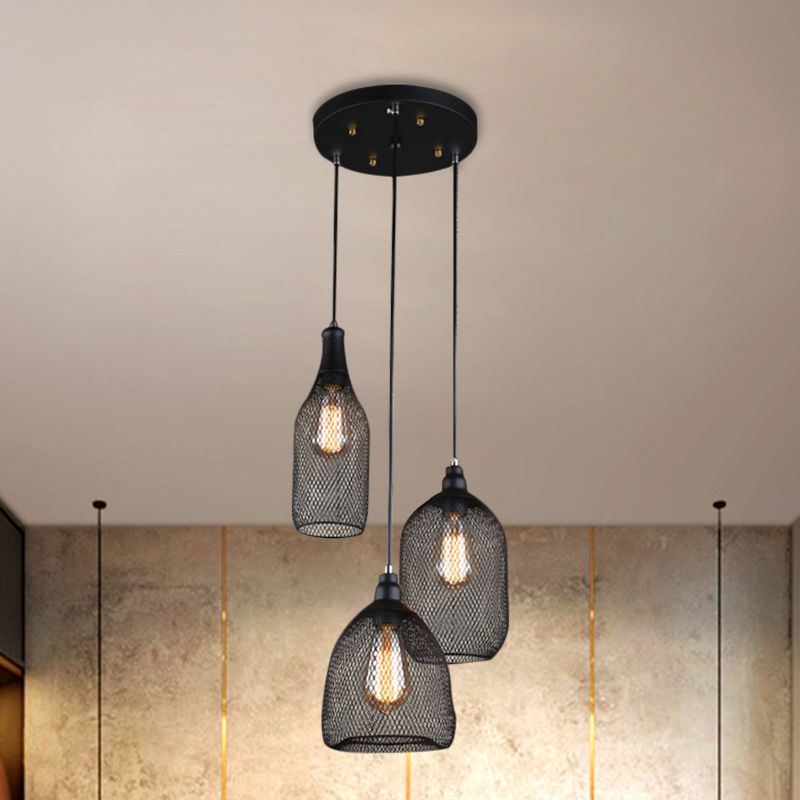 Mesh Cage Metal Hanging Light Antique 3 Heads Dining Room Suspension Lamp with Different Shade in Black