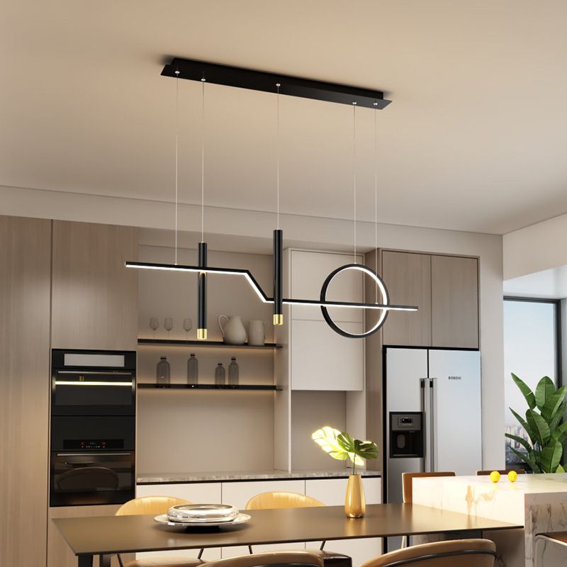 Linear Dinning Room Over Island Lighting Metal LED Modern Hanging Island Light in Black