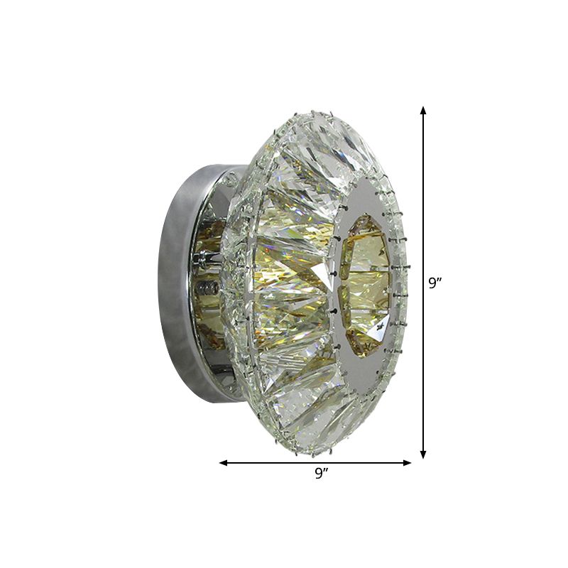 Faceted Crystal Round Wall Mounted Lamp Contemporary LED Chrome Sconce in 3 Color Light
