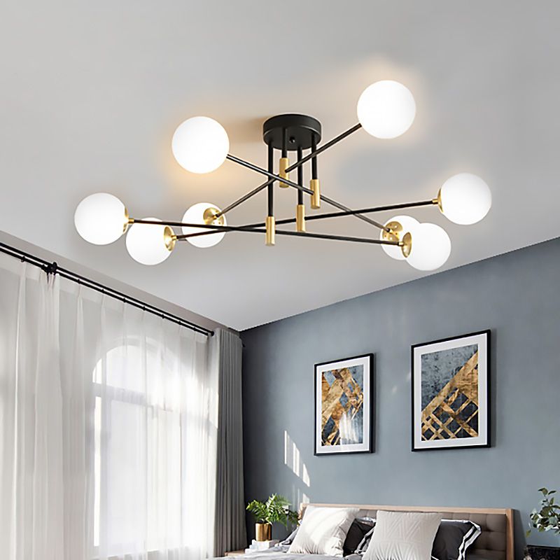 Sphère en verre crème semi-encastré moderniste 4/6/8 lumières noir luminaire semi-encastré avec bras linéaire