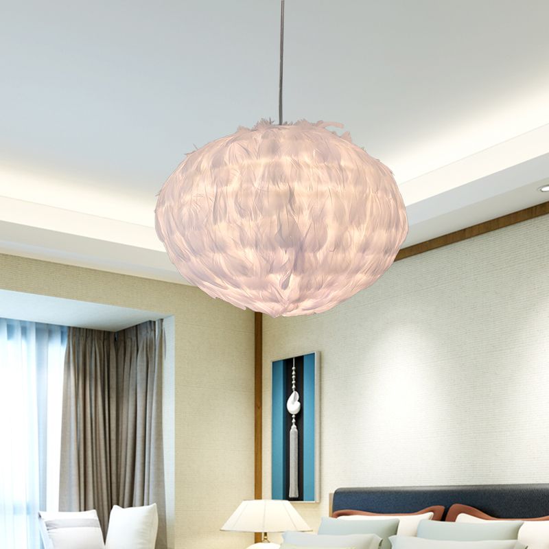 Feather Ball Bedroom Hanging Pendant Fabric 1 Bulb Modernist Ceiling Suspension Light in White