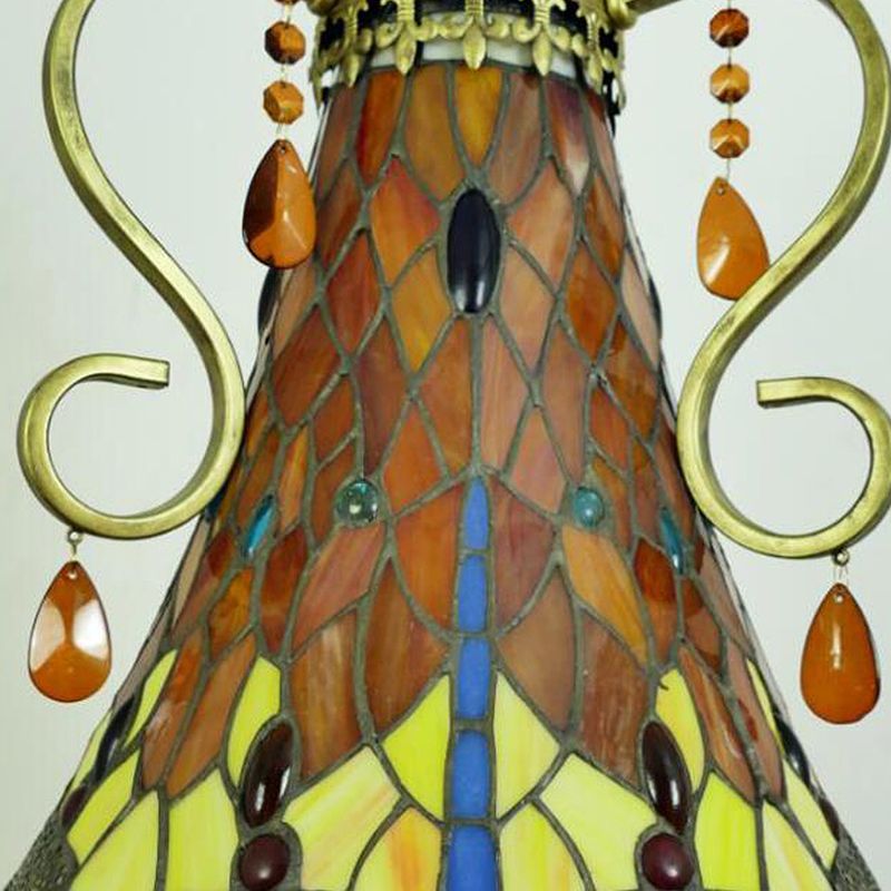 16"/19.5" Wide Dragonfly Chandelier Light Mediterranean Stained Glass 6/8 Lights Antique Brass Pendant Lamp