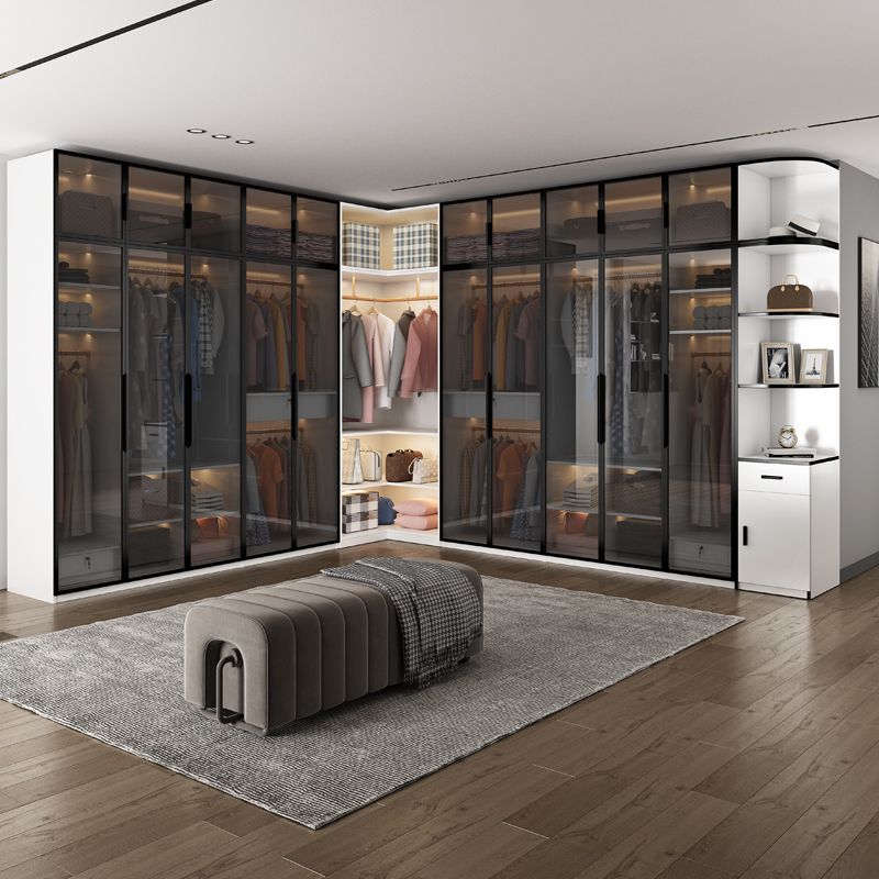 Brown Glass Door Wardrobe for Home Contemporary Hinged Door Storage Cabinet