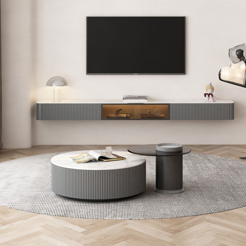 Round Slate Top Coffee Table Glam Drum Coffee Cocktail Table with Drawer