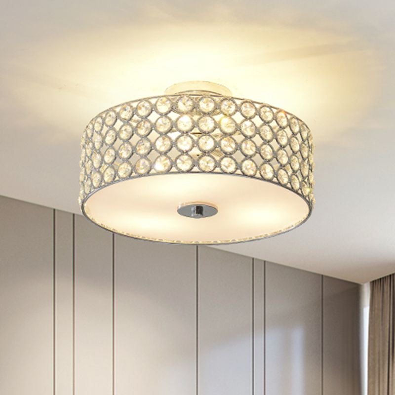 Crystal Drum Ceiling Flush Light Contemporary 3 Lights White Bedroom Flush Mount Lamp