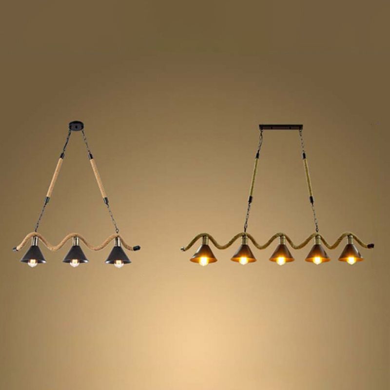 3 / 5 - Light Pendant Ceiling Fixture Iron Cone Shade Kitchen Island Light with Hemp Rope