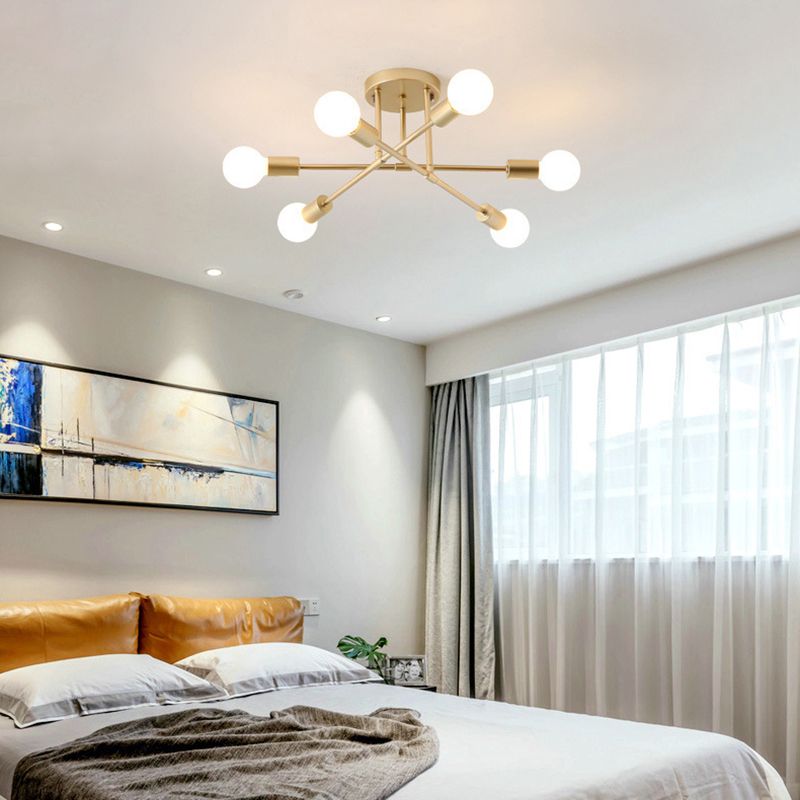 6-Lights Industrial Style Ceiling Lamp Metal Linear Arm Bare Bulb Flush Mount Lighting Fixture for Bedroom Living Room