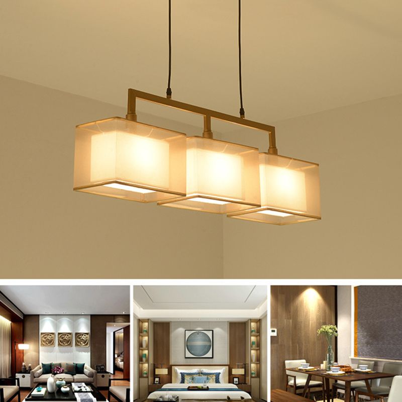 Tissu à double couche Éclairage d'abat-ombre pendentif pendentif chinois Rectangle suspendu en métal.