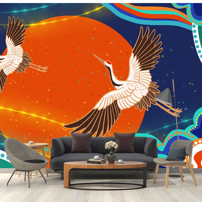Cranes and Big Moon Mural Decal Orange Chinoiserie Wall Covering for Accent Wall