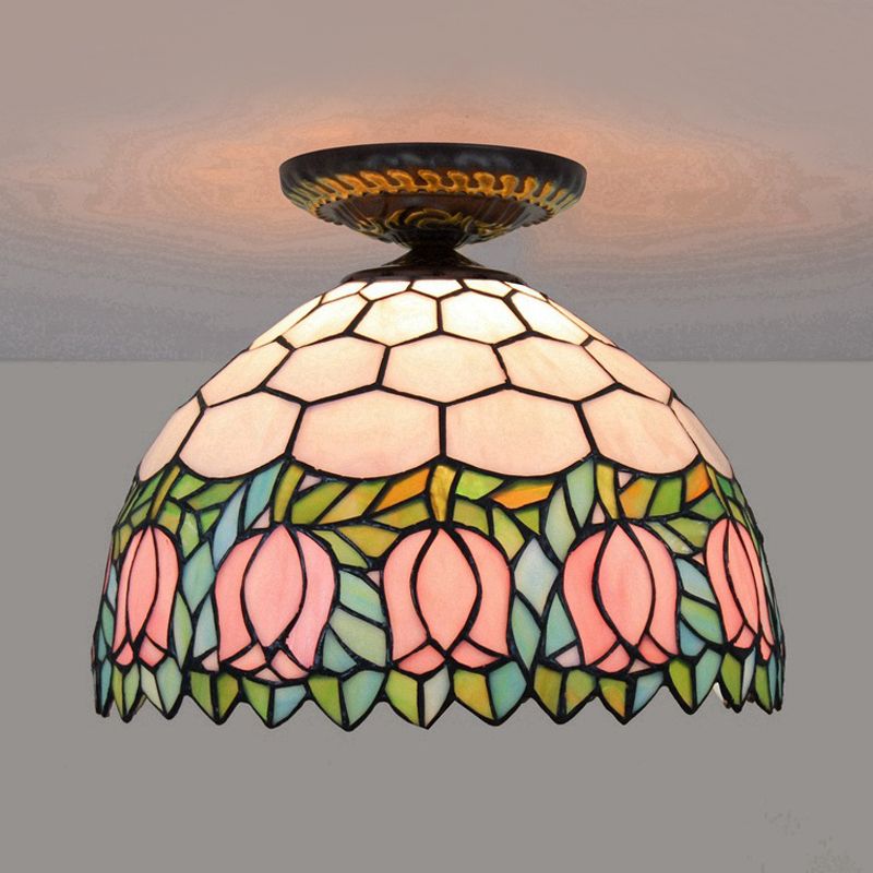 Plafonnier floral en verre teinté de style Tiffany, éclairage encastré en bronze à ampoule unique