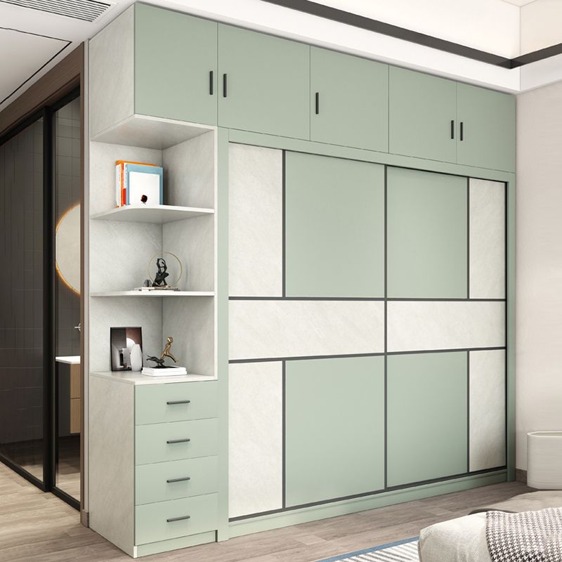 Green and White Bedroom Storage Cabinet Modern Sliding Door Cabinet with Drawers