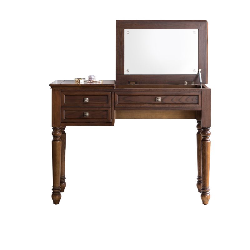 30.7" Height 2-Drawer Brown Solid Wood Dressing Table Mirror Makeup Vanity