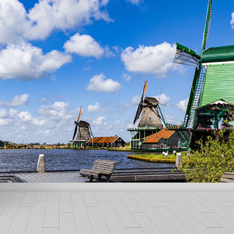 Huge Windmill and Sky Mural for Bedroom Nature Scene Wall Art in Pastel Color, Stain Resistant