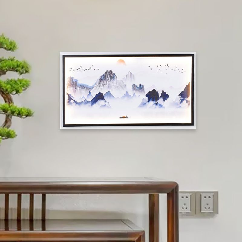 Montagnes bleues à motifs muraux légers asiatiques en tissu à LED Asie Moutien mural pour le salon