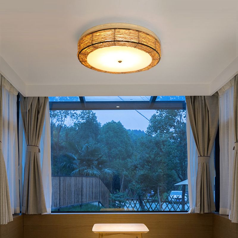 Ronde Vorm Plafondlamp Aziatische Stijl Rotan 3 Lichten Flush Mount voor Slaapkamer