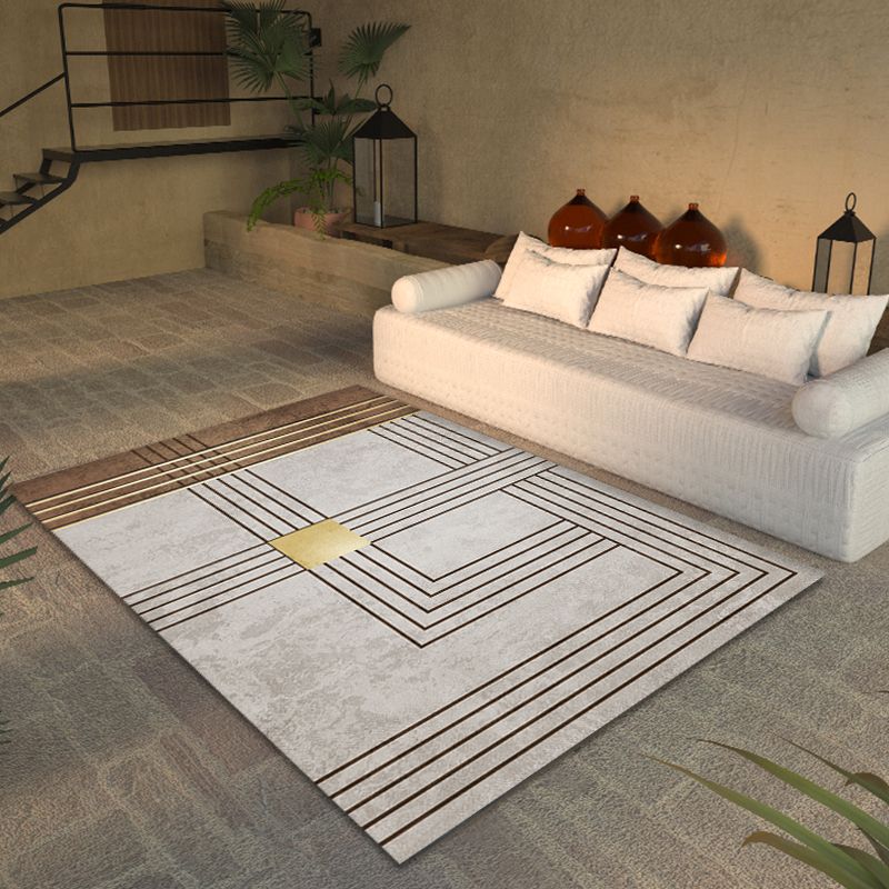Grey and Camel Modern Rug Polyester Geometric and Stripe Pattern Rug Pet Friendly Washable Non-Slip Area Rug for Drawing Room
