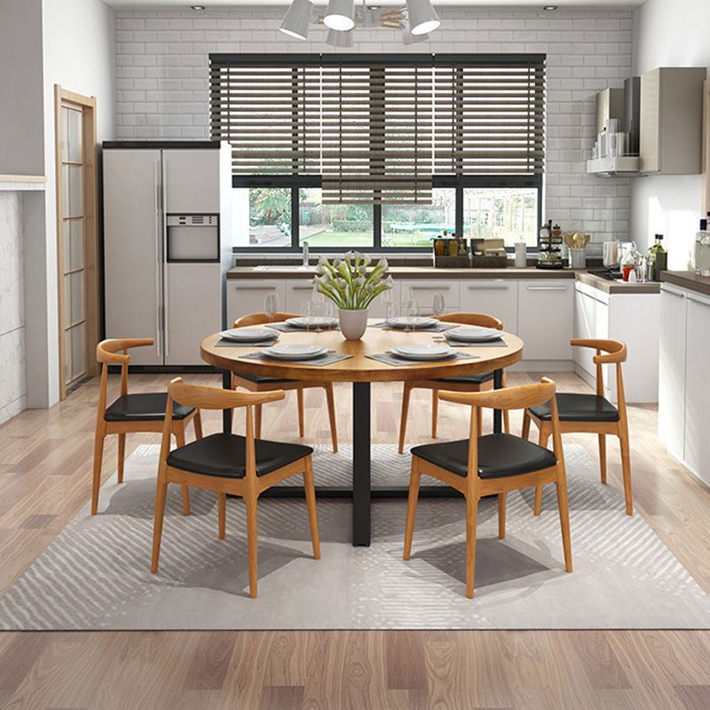 Modern Round Dining Table for Home Brown Solid Wood Table with Metal Base