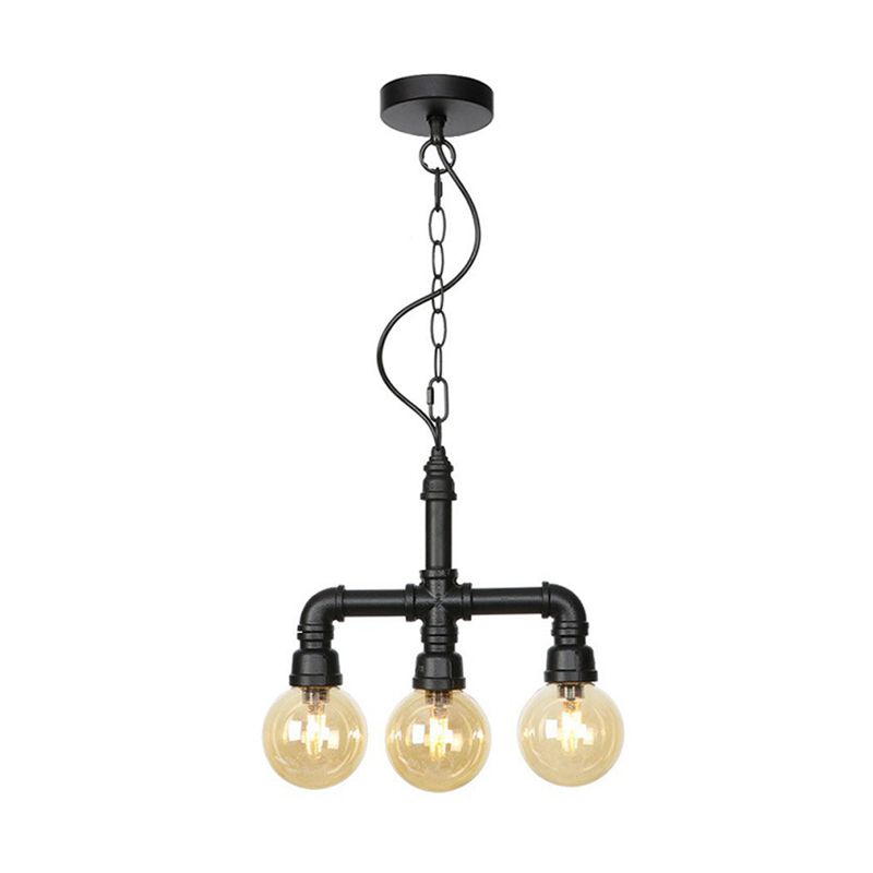 Ball Amber Glass Pendant Light Industrial 3/4 Lights Restaurant LED Ceiling Chandelier in Black with Pipe Arm