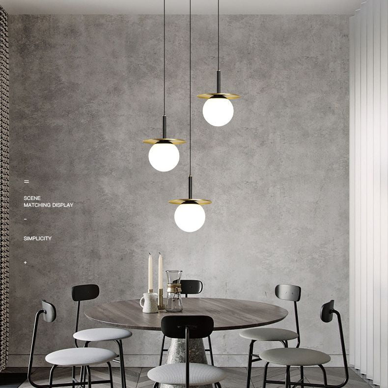 7" Wide White Glass Globe Mini Hanging Light with Round Metal Sheet Decoration Post-modern Style Simplicity Lighting Pendant in Gold