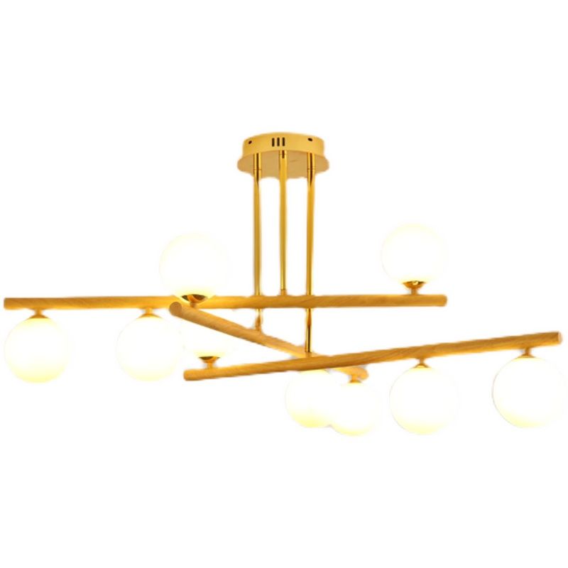 Lampadario sferico in legno leggero minimalista con tonalità di vetro opalina per camera da letto