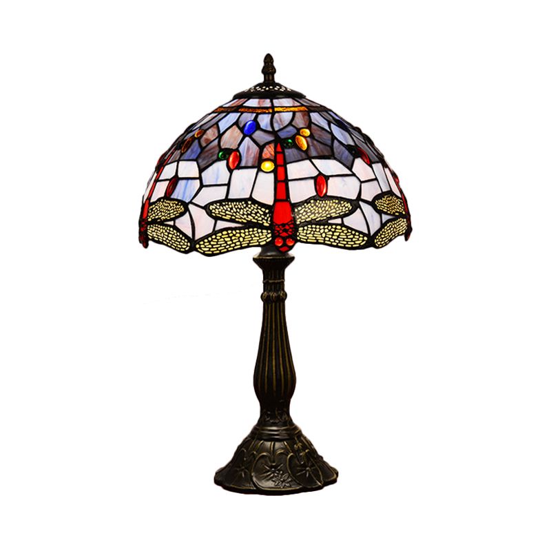 Dragonfly Table Light 1-Head Stained Art Glass Tiffany Night Lamp in White/Yellow/Orange for Living Room