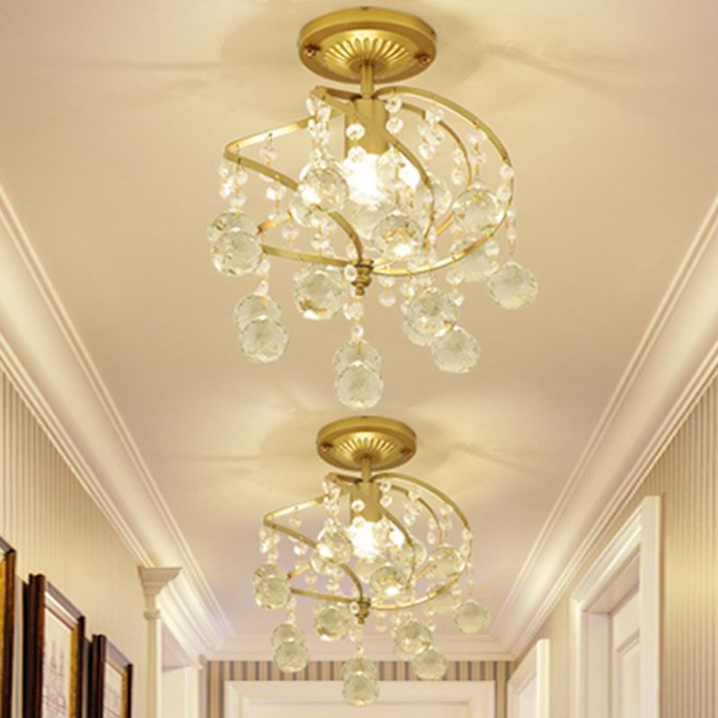 Spiral Semi Flush Lamp Contemporary Metallic 1 Light Golden Corridor Flush Ceiling Light with Crystal Drop