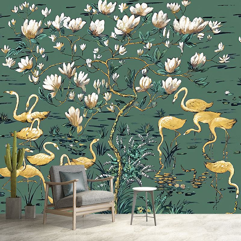 Large Tropix Wall Murals in Dark Color Flamingo and Lotus Pond Pattern Wall Covering, Optional Size