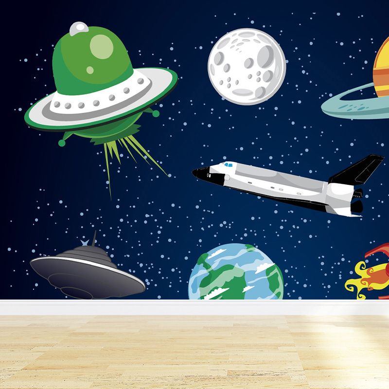 Dark Color Spacecraft Mural Wallpaper Universe Kids Moisture Resistant Wall Covering