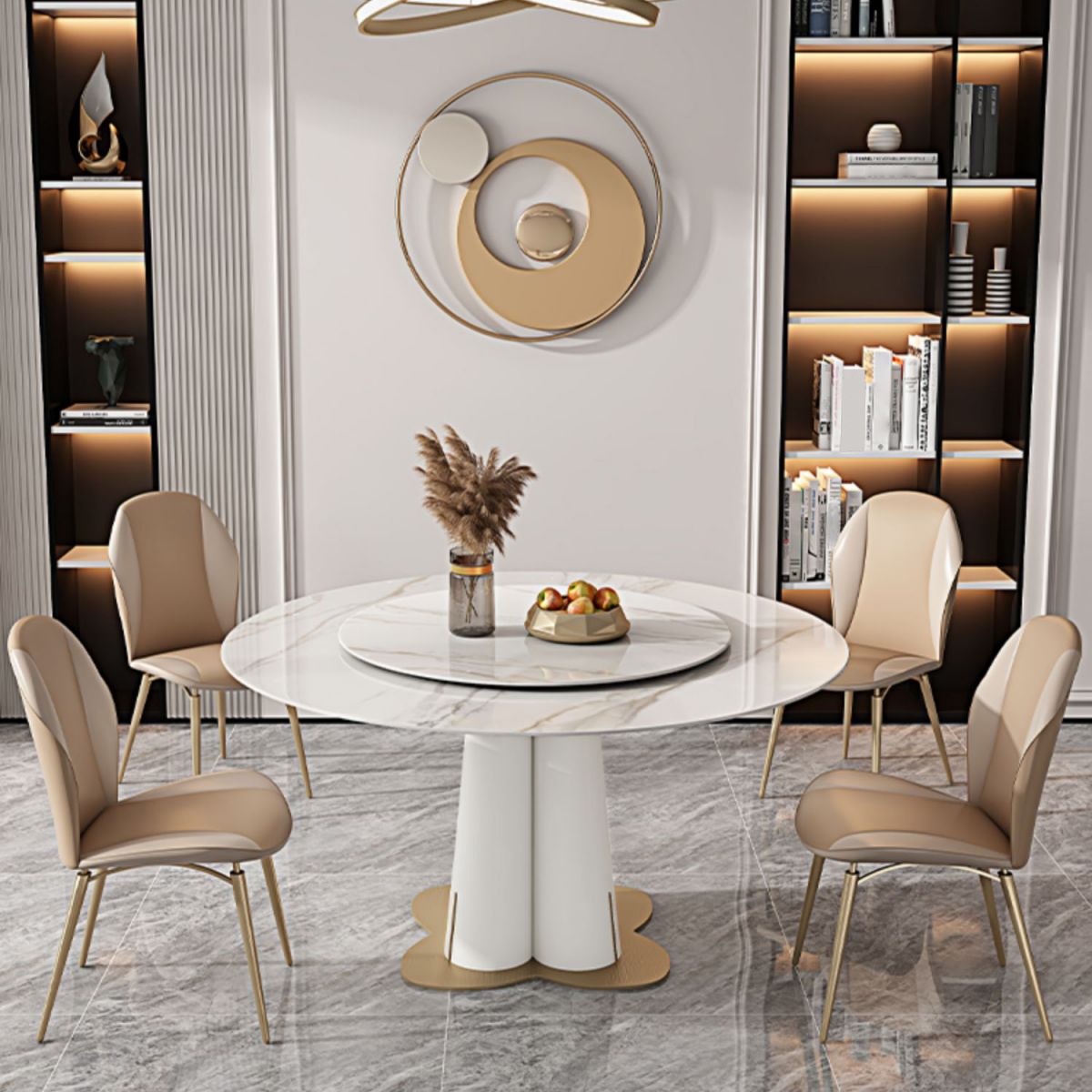 Nordic Glam Style Sintered Stone Round Table Set 1/3/5/6/7 Pieces Dining Set
